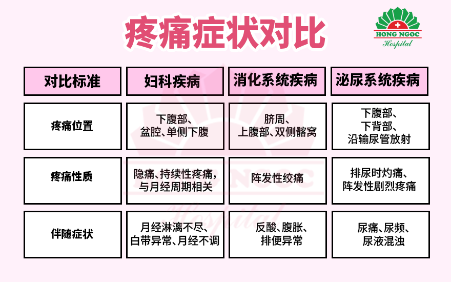 对比妇科疾病与消化系统、泌尿系统疾病常见的疼痛部位。