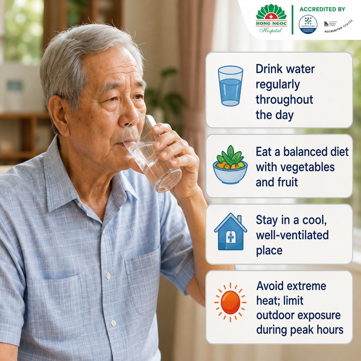 Older adults should maintain appropriate hydration during hot weather.