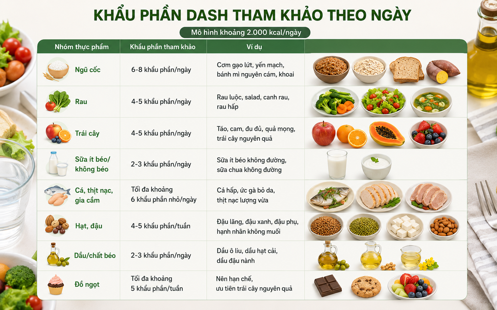 Khẩu phần DASH tham khảo theo ngày